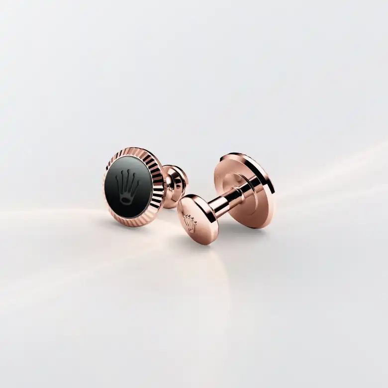 Rolex ‘Fluted’ cufflinks in Everose gold and ceramic, a1035 at Orologeria Bastiani